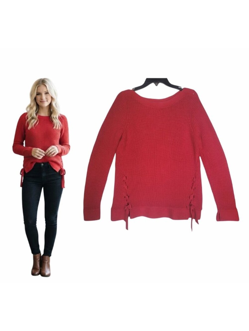 ⭐LOFT Women Sweater Size S Red Knit Warm soft with 2 lace up details in front⭐